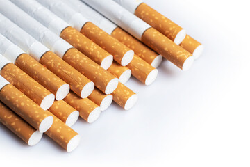 Many cigarettes stacked together. Drugs are harmful to the respiratory system.