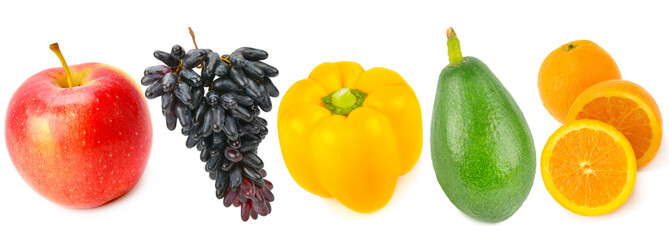 Fruits and vegetables isolated on white. Collage. Wide photo.