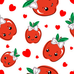 Cute apple fruit kawaii face seamless pattern, abstract repeated cartoon background, vector illustration