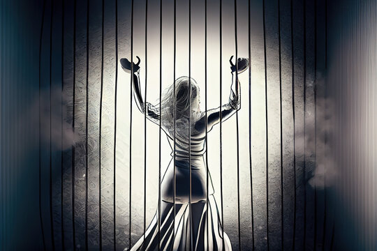 Silhouette of a woman breaking free from her bindings, set against prison bars, a powerful metaphor for emancipation and release    