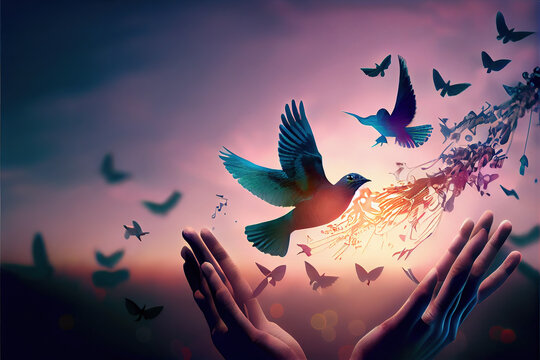 Hands release a flock of birds into a radiant sky, symbolizing freedom and the breaking of chains at dawn's light.  