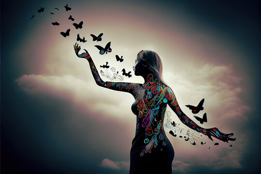 Silhouette of a woman with vibrant tattoos releasing butterflies, symbolizing freedom, transformation, and artistic expression. 