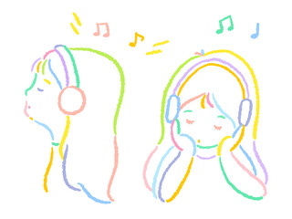 Woman listening to music with headphones Colorful and simple hand-drawn line drawing illustration / ヘッドホンで音楽を聞く女性 カラフルでシンプルな手描きの線画イラスト
