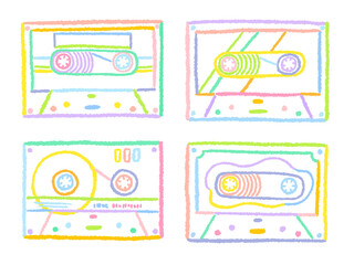 Cassette tape Colorful and simple hand-drawn line drawing illustration set / カセットテープ カラフルでシンプルな手描きの線画イラストセット