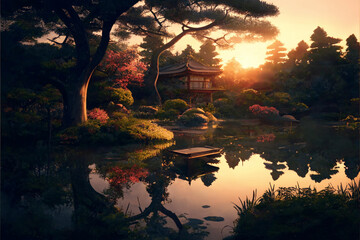 Relaxing japanse park ilustration - Generated by Generative AI