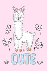 Llama, pink print girl with lettering Cute. Lama vector illustration. Cute funny trendy design for children, kids, smile, magic animal. Birthday card, sticker, fabric textile