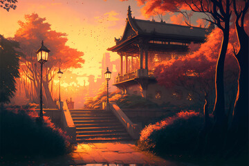 Relaxing japanse park ilustration - Generated by Generative AI