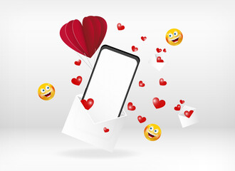 Vector illustration smartphone on air balloon comming out postal envelope with flying hearts, happy emoji. Empty white screen. Social network, mobile device concept. Graphic for websites web banner