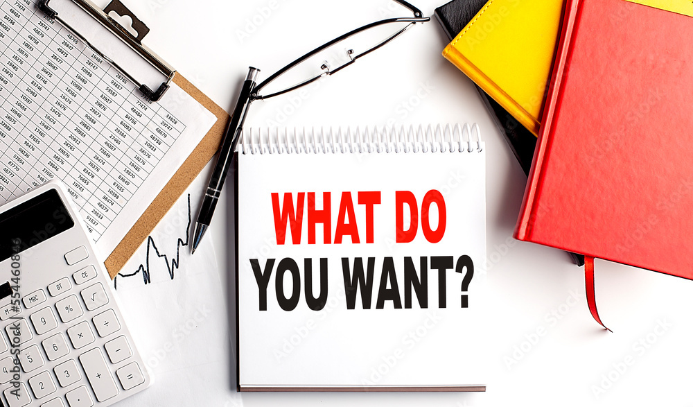 Poster what do you want text on notebook with clipboard and calculator on white background