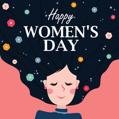 Women's day feminine character having flowers in her hair