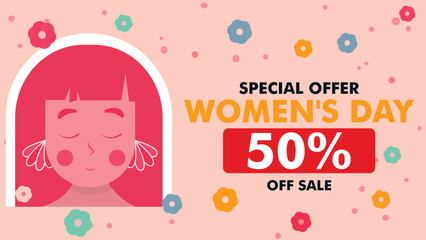 Women's Day Special Offer. 50% Off Sale banner vector template
