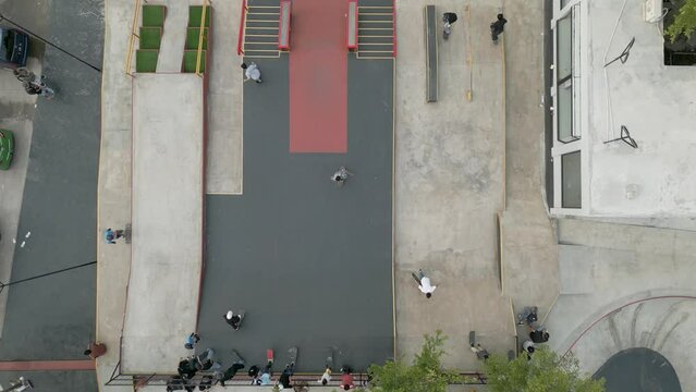 Aerial video skatepark which was built in the area of the wibawamukti football stadium, is a playground as well as a training ground for young people, especially