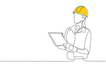 Continuous one line drawing of young handy woman pose cross arms on chest before going to work. Professional job profession minimalist concept. Single line draw design vector graphic illustration
