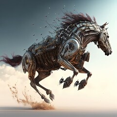 Robot horse, futuristic knight, mechanical robot warrior, future warrior, generative ai, electronic animal, horse jumping high