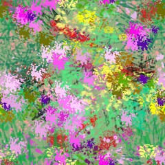 Seamless pattern of bright pink and yellow abstract elements on a green background for textile.