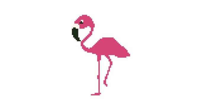 Pixel pink flamingo. Animation of old style pixel game.  Pixel art game background. Design 8 bit video vector 
