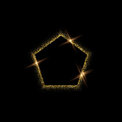 Pentagon gold frame made of glitters with bright glow light effect vector illustration. Abstract golden border from luxury metal dust for swirl portal, decorative royal award on black background