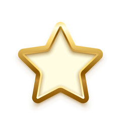 3d plate button of star shape with golden frame vector illustration. Realistic isolated website element, golden glossy label for game UI, badge of navigation menu with shiny light effect on border