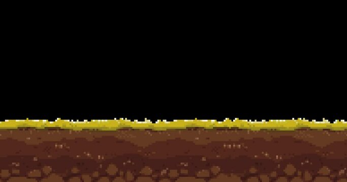 Animation of old style pixel game. Alpha channel. Pixel art game background. Ground, grass, sky, tree and clouds. Pixel art Game Design 8 bit video vector 