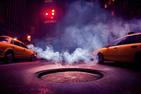 Lights Of Theaters Of Broadway Shows, City Street By Night With City Taxi And A Smoking Manhole, New York City In Manhattan, United States. Illustration And Urban Background.