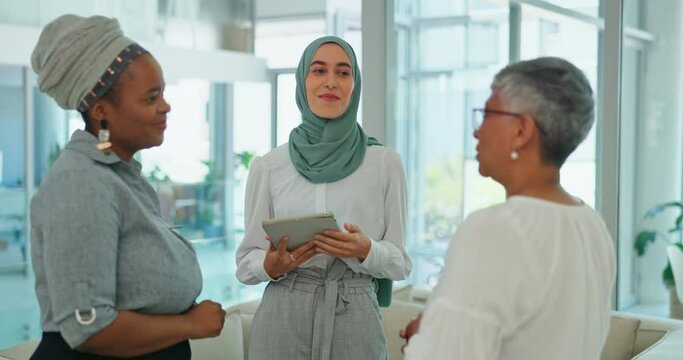 Business meeting, team and muslim woman with tablet for marketing ideas, b2b networking and communication for diversity, inclusion and equality. Happy employees and manager smile for digital strategy