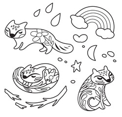 Collection of cute black and white cartoon foxes with floral elements inside