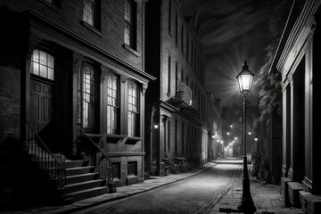 A victorian alley by night. Black and white illustration. Generative AI
