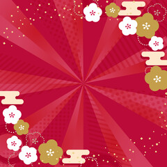 おめでたい和柄フレームと紙吹雪の舞う華やかな赤の放射背景　正方形