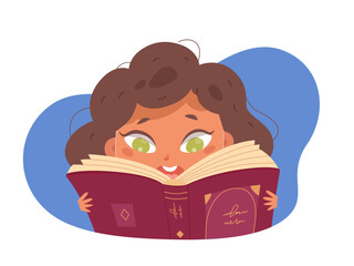 Cute kid read book vector illustration. Cartoon girl study, portrait of funny reading smart child holding open paper book. Education, hobby concept