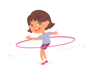 Cute girl twirling hula hoop around waist, active cute kid training with toy ring