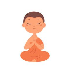 Cute monk meditating, Buddhist boy in orange robe sitting in lotus position to pray