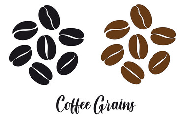 Iconos de granos de café sobre un fondo blanco liso y aislado. Vsta de frente y de cerca.