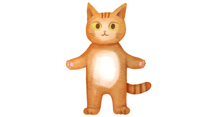 立っている茶虎猫のキャラクターの水彩風背景透過イラスト