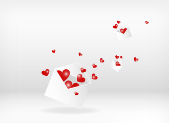 Realistic Vector illustration postal envelope with flying hearts isolated on white background. Valentine's day, love, romantic concept. Graphic for design