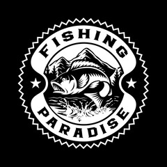 Vintage black and white vector fishing badge with perch fish