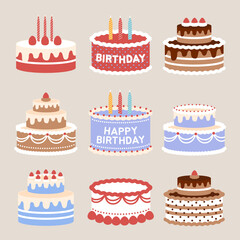 Collection of beautiful cakes and decorations for party. Set of holiday dessert. Strawberry, Chocolate, Cream. Colored vector illustration in flat cartoon style.