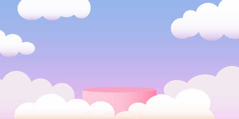 3D Vector Podium with pink color cylinder stand and white Clouds. Minimal scene for mockup product display for children on social media web design. Round stage showcase on blue Gradient background.