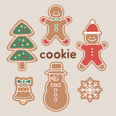 Collection of beautiful cookies for Christmas. Set of holiday ornaments. 
Cookies, tree, Santa, snowman, bell, snow, Xmas nature design. Colored vector illustration in flat cartoon style.
