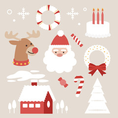 Collection of beautiful decorations for Christmas. Set of holiday ornaments. Figures of animals, Santa Claus, Xmas nature design. Colored vector illustration in flat cartoon style.