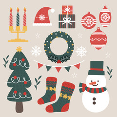 Collection of beautiful decorations for Christmas tree. Set of holiday ornaments. Snowman, sock,  lease, gift box, woolen hat, candle, Xmas design. Colored vector illustration in flat cartoon style.