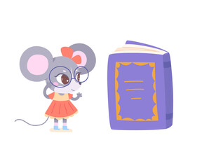 Cute baby mouse with glasses reading book, smart small animal with spectacles and dress