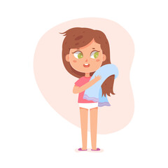 Kid drying body and hair with towel after bath, cute baby girl holding blue blanket