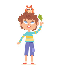 Kid feeding funny fat hamster, kawaii small animal sitting on head of adorable boy