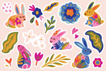 Big sticker set with adorable bunnies and floral elements in flat style. Lovely patches in vector