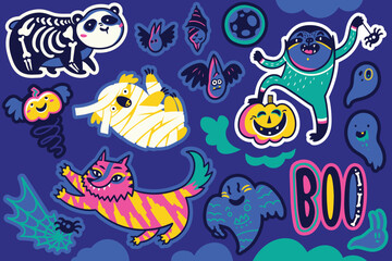 Halloween sticker set with funny cartoon animals in childish style. Halloween vector illustration.
