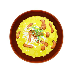 banosh Ukrainian cuisine. Ukrainian national dish. Porridge with corn, cottage cheese, cheese and greens. Banosh is isolated on a white background.