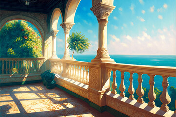 Ilustration of a terrace with ocean view - Generated by Generative AI