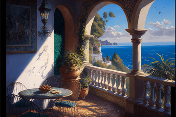 Ilustration of a terrace with ocean view - Generated by Generative AI