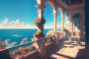 Ilustration of a terrace with ocean view - Generated by Generative AI
