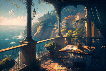 Ilustration of a terrace with ocean view - Generated by Generative AI